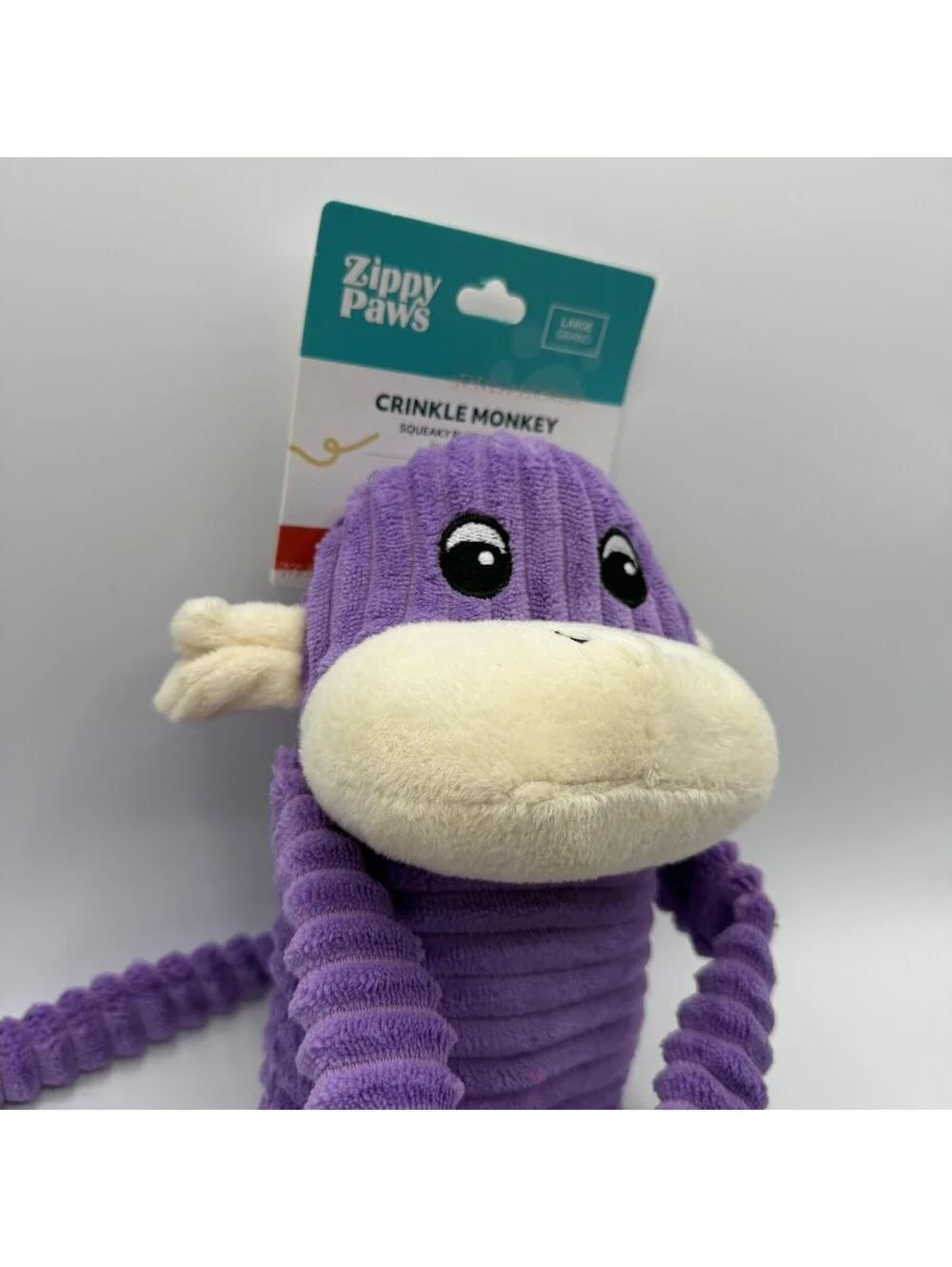 ZippyPaws Spencer the Crinkle Monkey Large Dog Plush Toy Purple Corduroy Squeaky